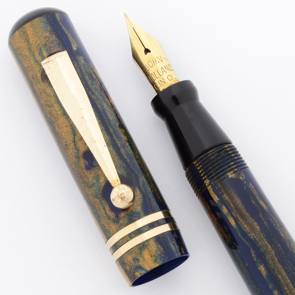 John Holland Combo Fountain Pen (1930s) - Blue w Bronze Celluloid